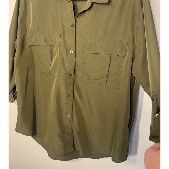 Old Navy M Shirt Button Utility Olive Green Blouses Pockets Roll Tab Round Hem - Picture 6 of 10